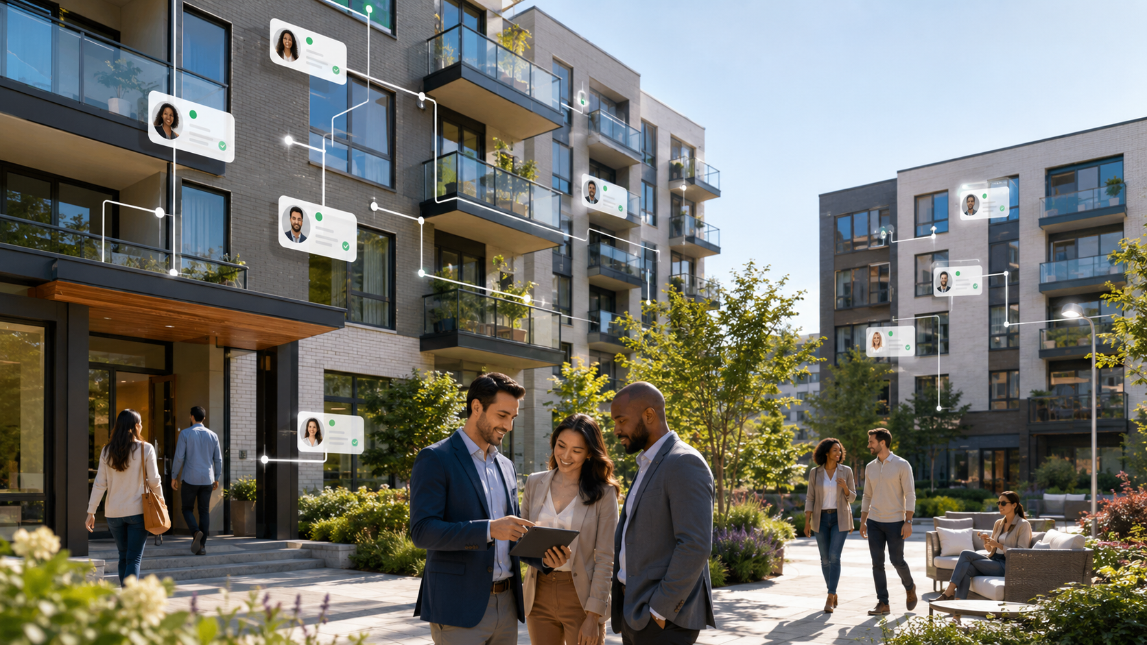 Residents and a property manager in a community with resident profiles connected