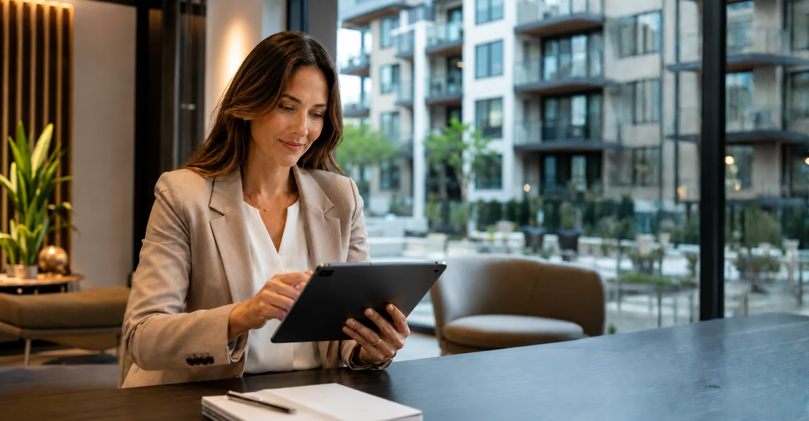 Community association manager reviewing resident onboarding on a tablet