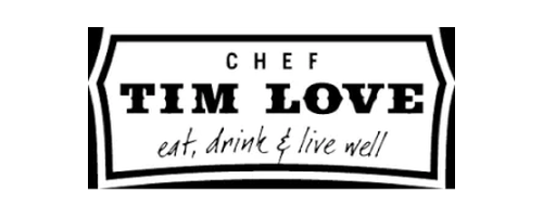 Logo with text 'Chef Tim Love' and slogan 'eat, drink & live well' in black and white.