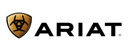 Ariat wordmark logo with a stylized horseshoe and star emblem inside a bronze shield.