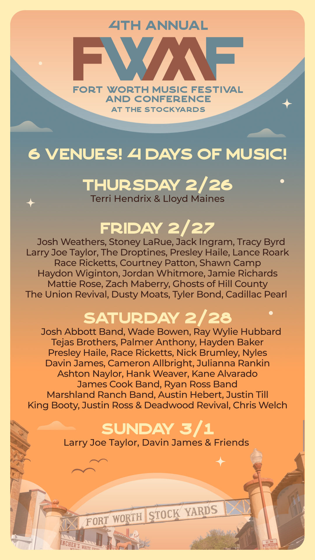 Poster for the 4th Annual Fort Worth Music Festival and Conference at the Stockyards, listing artists performing over four days from February 26 to March 1.