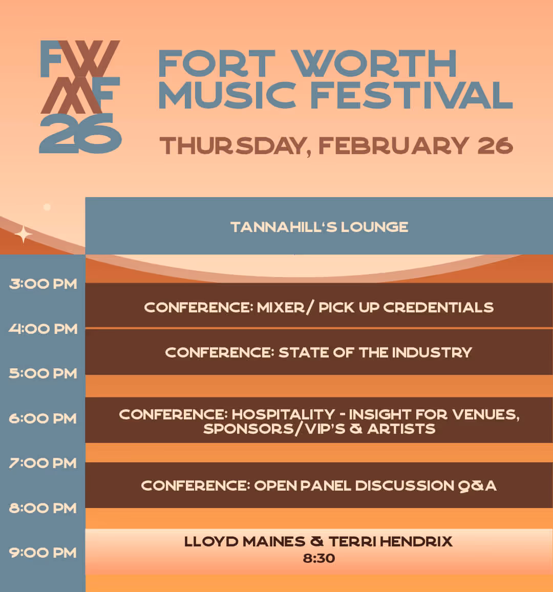 Fort Worth Music Festival schedule for Thursday, February 26, listing conference events from 3 PM to 8 PM and a performance by Lloyd Maines & Terri Hendrix at 9 PM in Tannahill's Lounge.