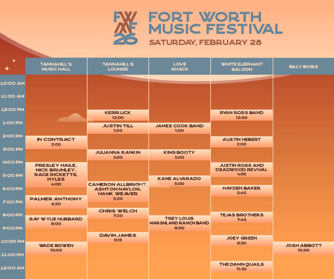 Schedule for Fort Worth Music Festival on Saturday, February 28, listing performance times across five venues: Tannahill's Music Hall, Tannahill's Lounge, Love Shack, White Elephant Saloon, and Billy Bobs.