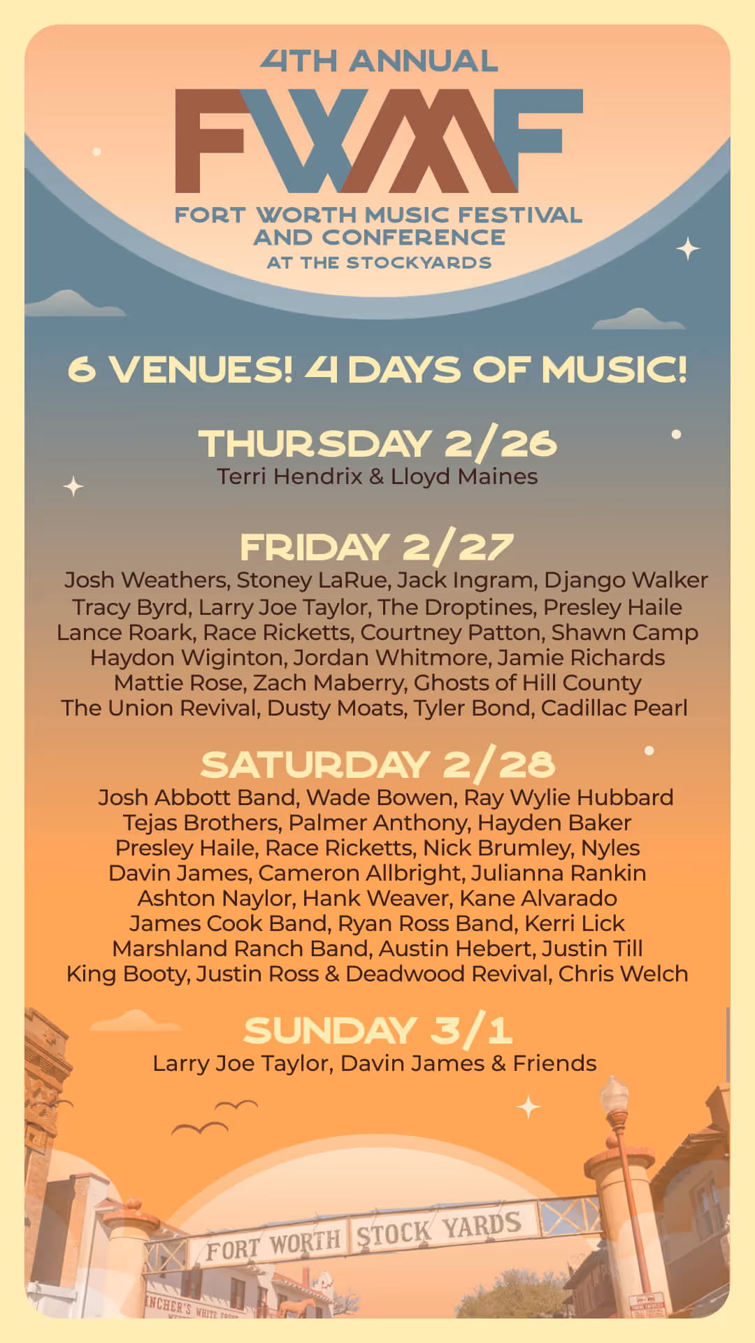 Poster for the 4th Annual Fort Worth Music Festival and Conference at the Stockyards with a four-day lineup of performers listed by date from February 26 to March 1.