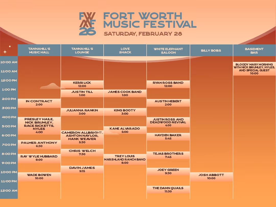 Schedule for Fort Worth Music Festival on Saturday, February 28, showing performance times from 10 AM to 12 AM across six venues including Tannahill's Music Hall, Lounge, Love Shack, White Elephant Saloon, Billy Bobs, and Basement Bar.