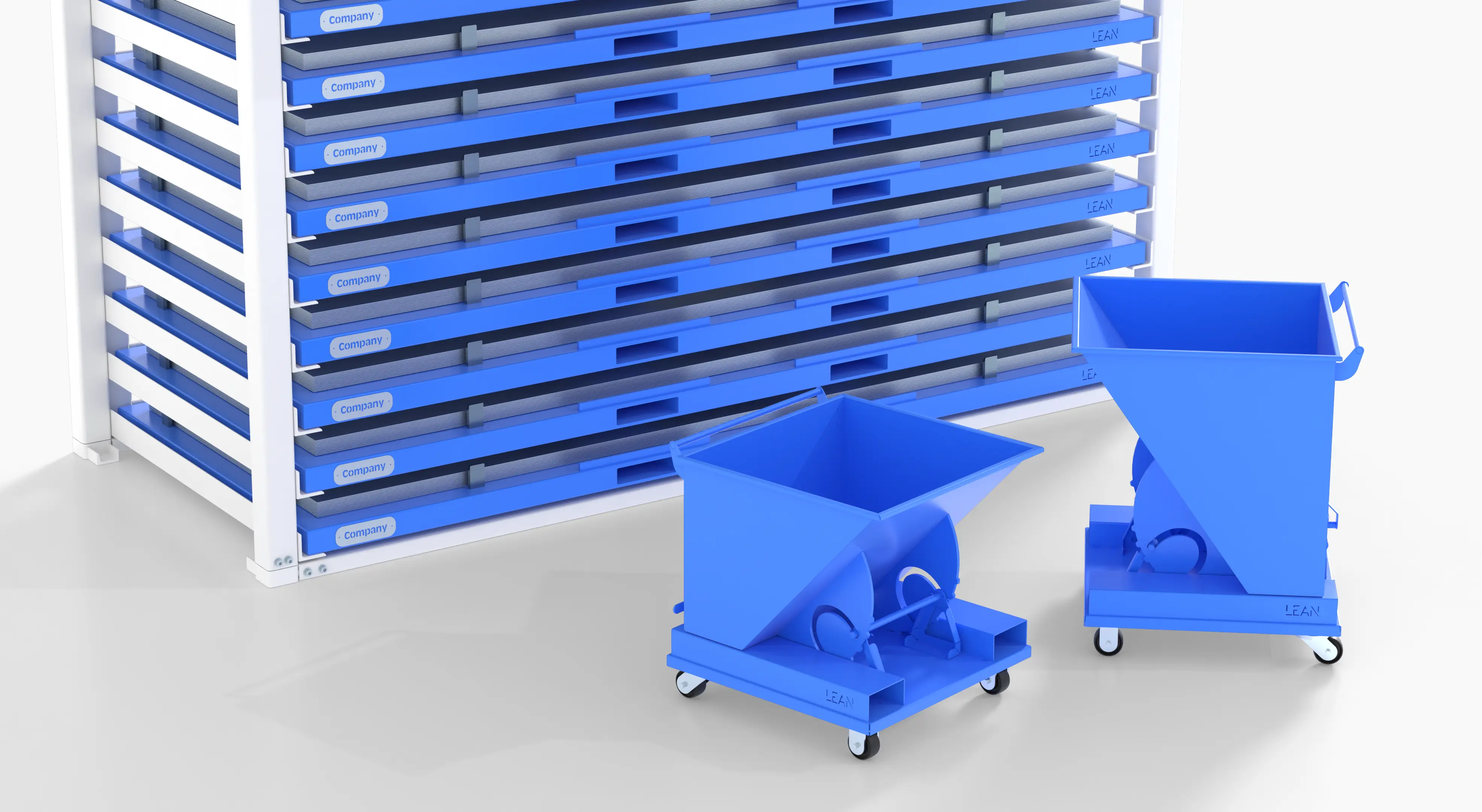 product rendering of overstock items including a sheet metal storage rack and mini hoppers