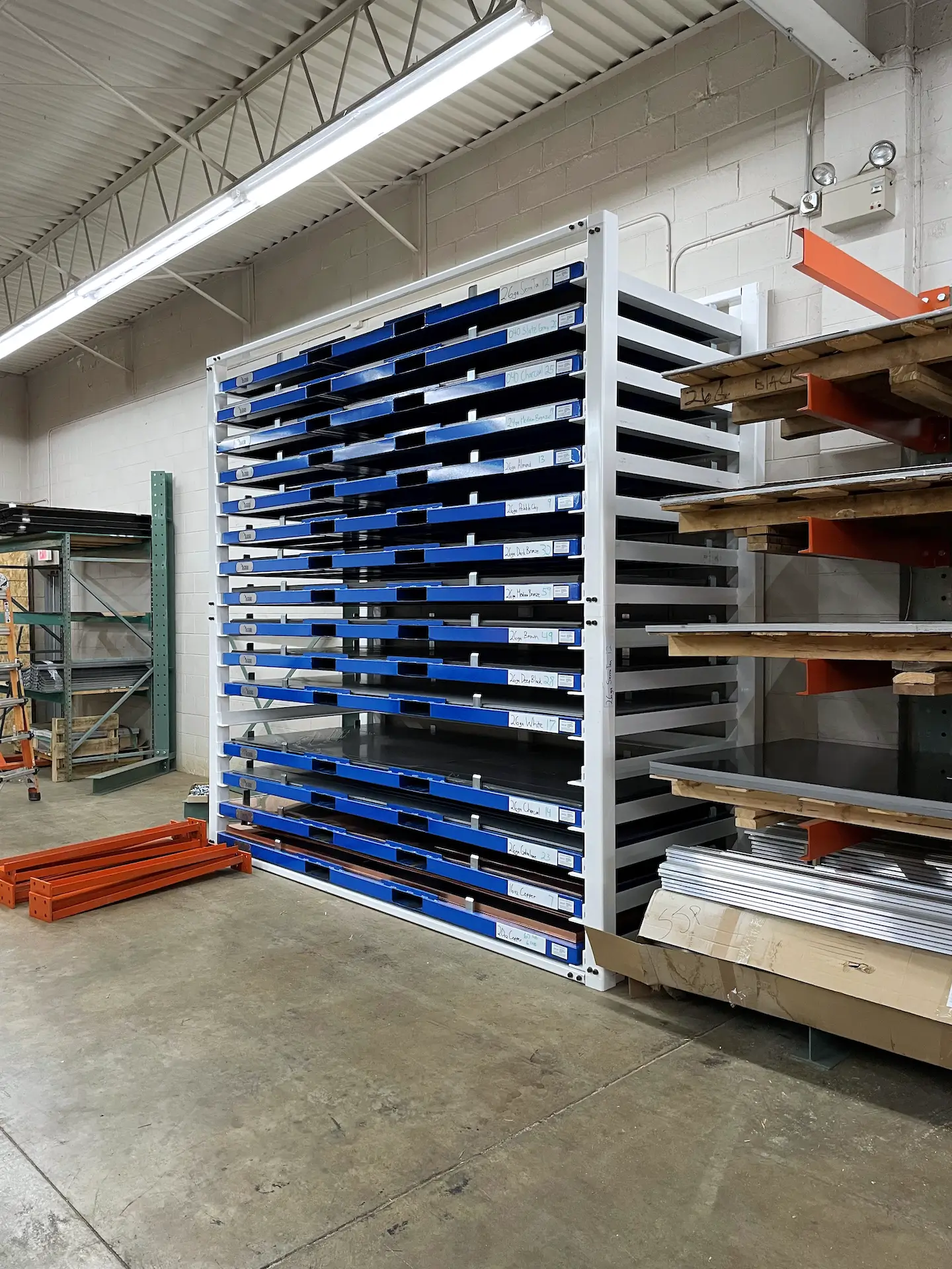 sheet metal storage rack in fabrication facility