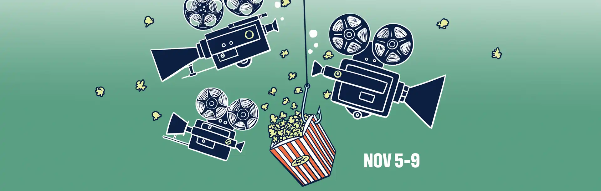 Yellowknife International Film Festival 2025 hero banner with vintage film cameras and popcorn, November 5–9.