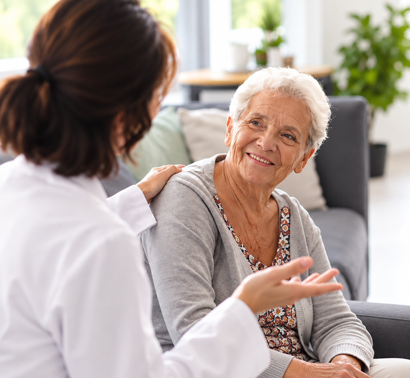 Oxa Care resident speaking with a care team member in a comfortable lounge area.