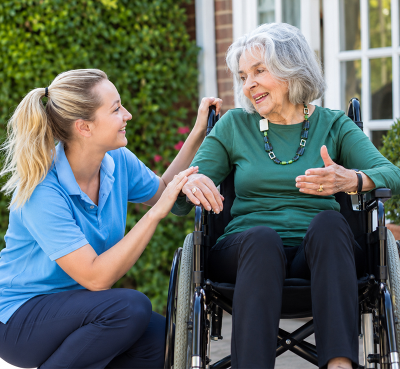 Aged care resident chatting with a care worker while using a wheelchair outdoors.