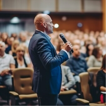 Speaker holding a microphone among a seated audience