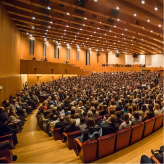 Audience filling a tiered conference auditorium