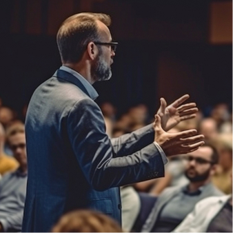 Speaker in glasses gesturing to a seated audience