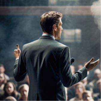 Presenter gesturing on stage in front of an audience