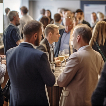 Attendees chatting over refreshments at a networking gathering