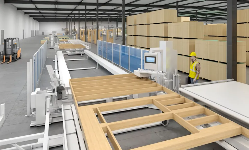 Render of assembly line for housing panels.