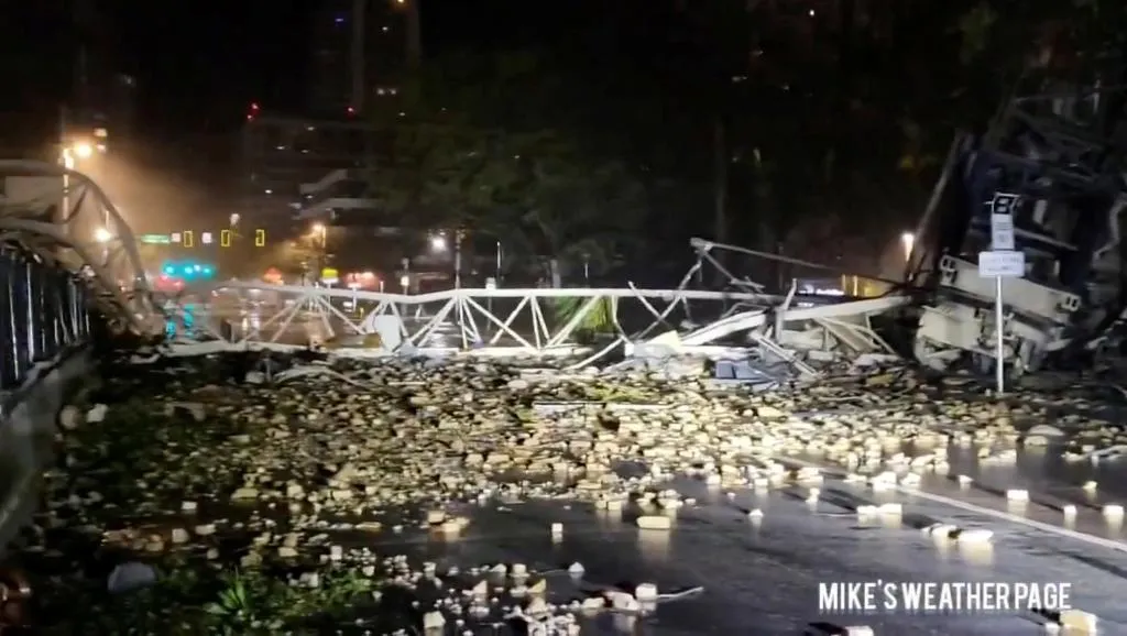 Debris scattered on a street in St. Petersburg, Florida after a crane collapse due to heavy rains and strong winds from Hurricane Milton on October 9, 2024.