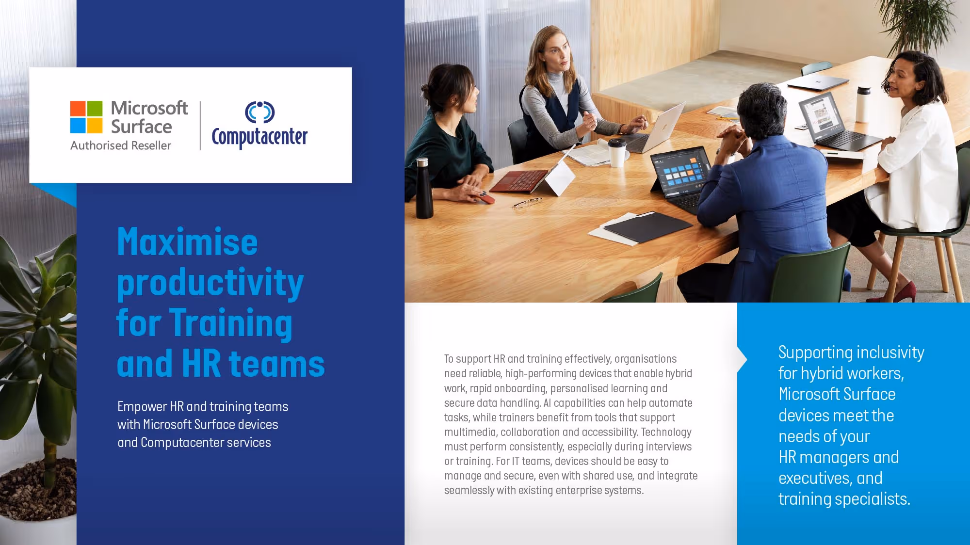 Four diverse professionals seated around a wooden conference table engaged in discussion with laptops and coffee cups.