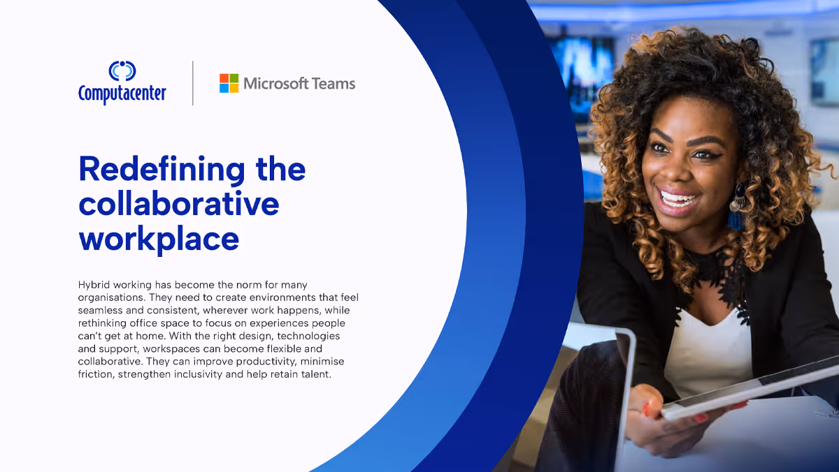 Computacenter and Microsoft Teams logos with text about reimagining the workplace for a new collaboration era and a smiling woman handing out a document.