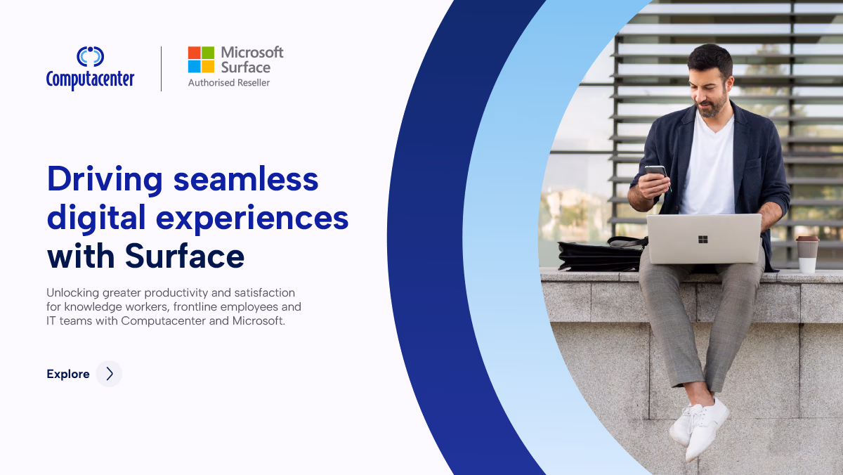 Man sitting on ledge with Microsoft Surface laptop and phone, next to text about seamless digital experiences.