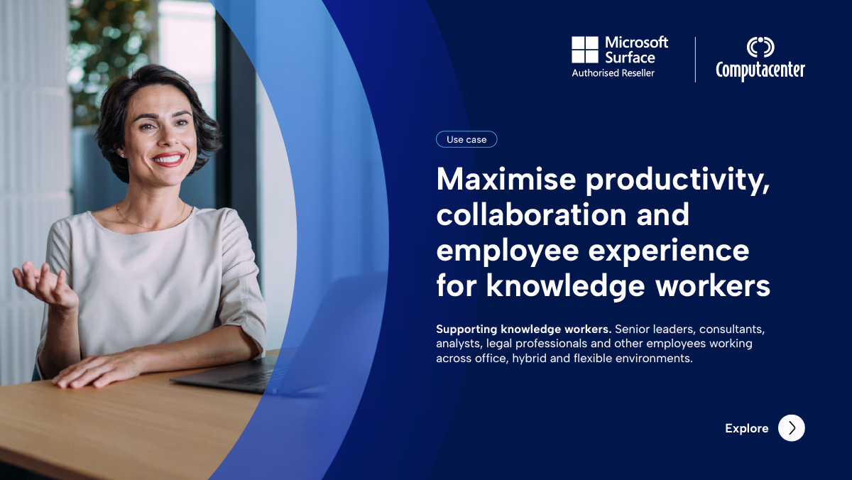 Smiling woman sitting at a desk with laptop, next to text about maximizing productivity and collaboration.