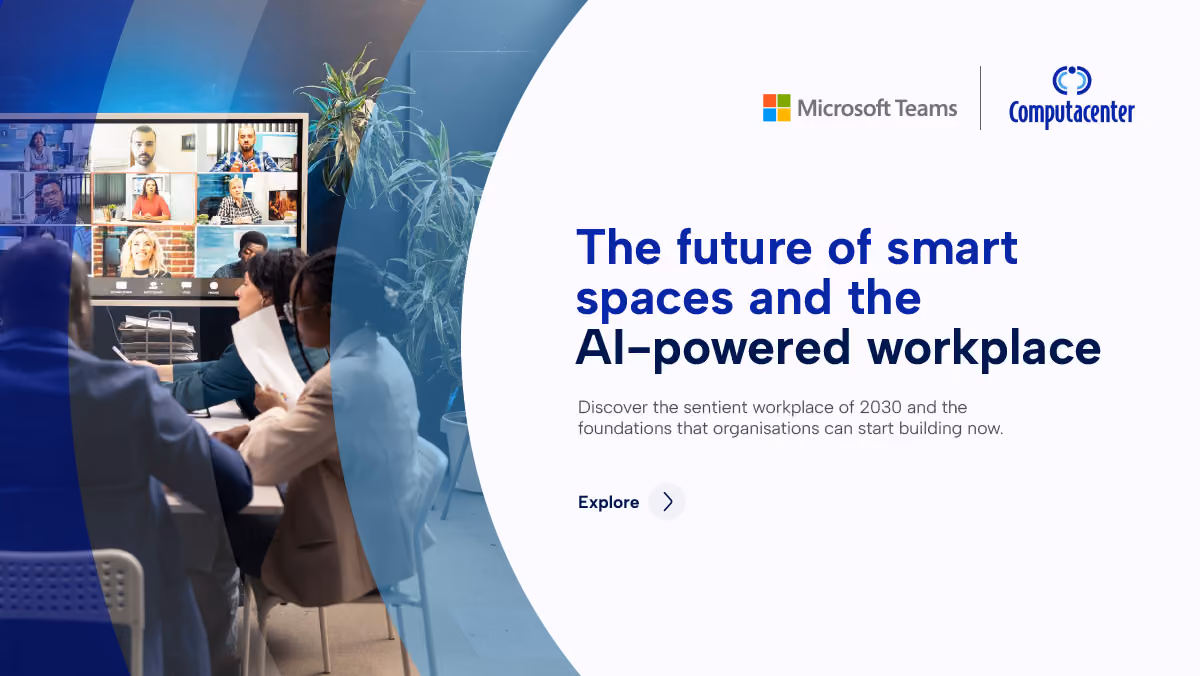 People in a modern meeting room with a video conference screen showing multiple participants, alongside text promoting 'The future of smart spaces and the AI-powered workplace' by Microsoft Teams and Computacenter, inviting to explore the sentient workplace of 2030.