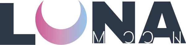 Logo text reading LUNA with a crescent moon shape replacing the letter U in gradient pink and blue.