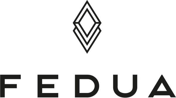 Stylized black geometric diamond shape above the bold text 'FEDUA' on a white background.