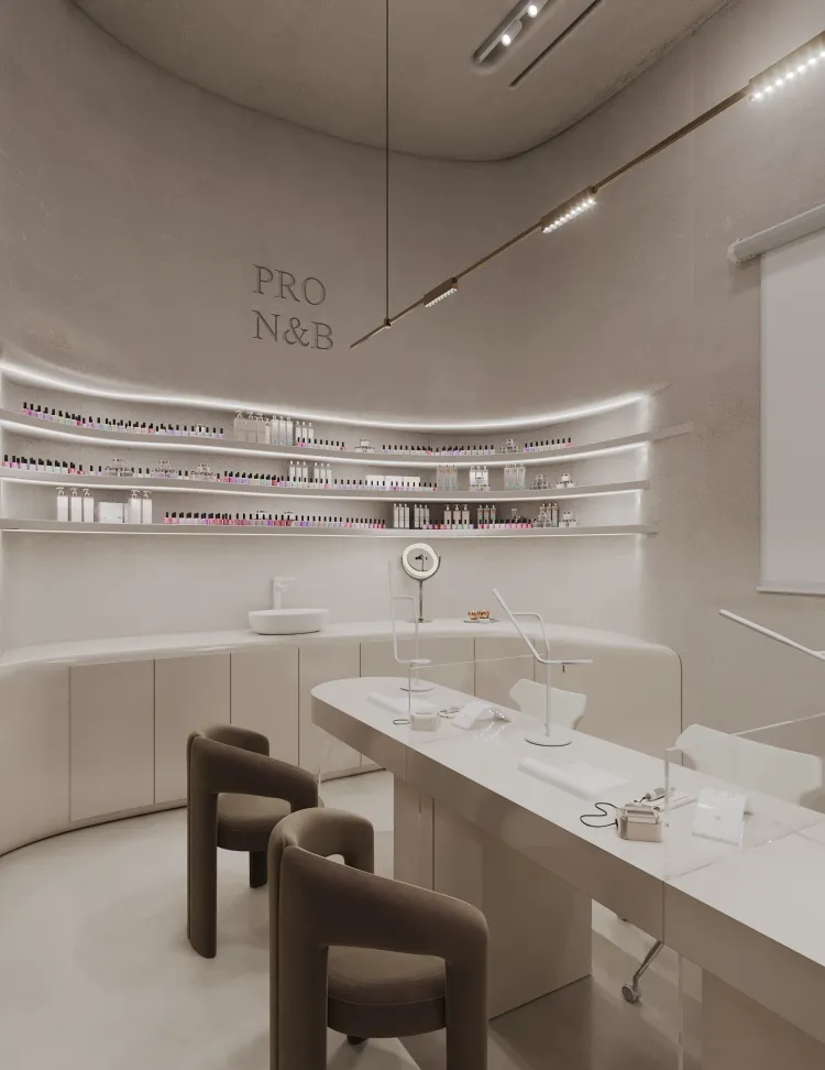 Modern nail salon interior with curved white counters, brown chairs, and shelves with nail products.