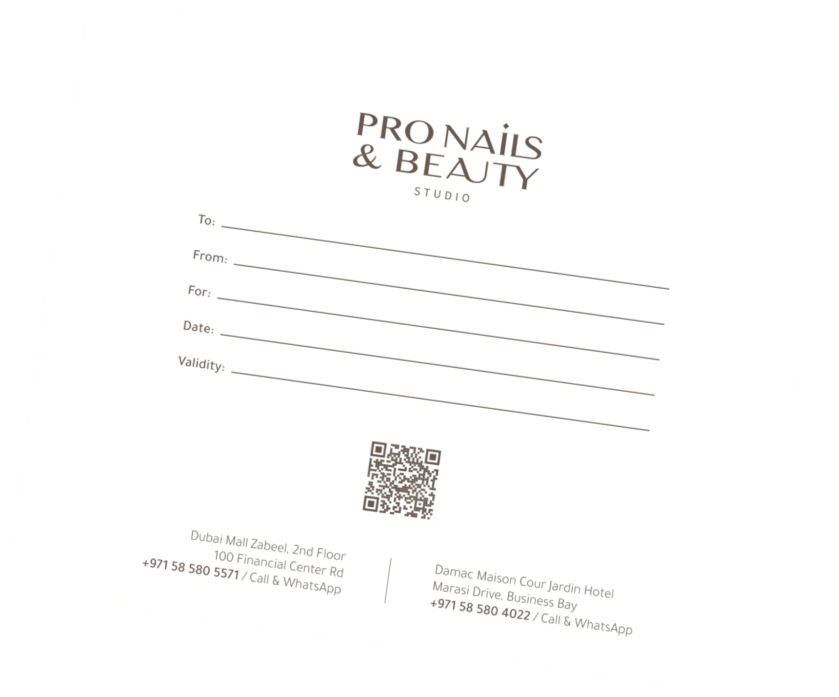 Pro Nails & Beauty Studio gift certificate template with fields for To, From, For, Date, Validity, and contact info.