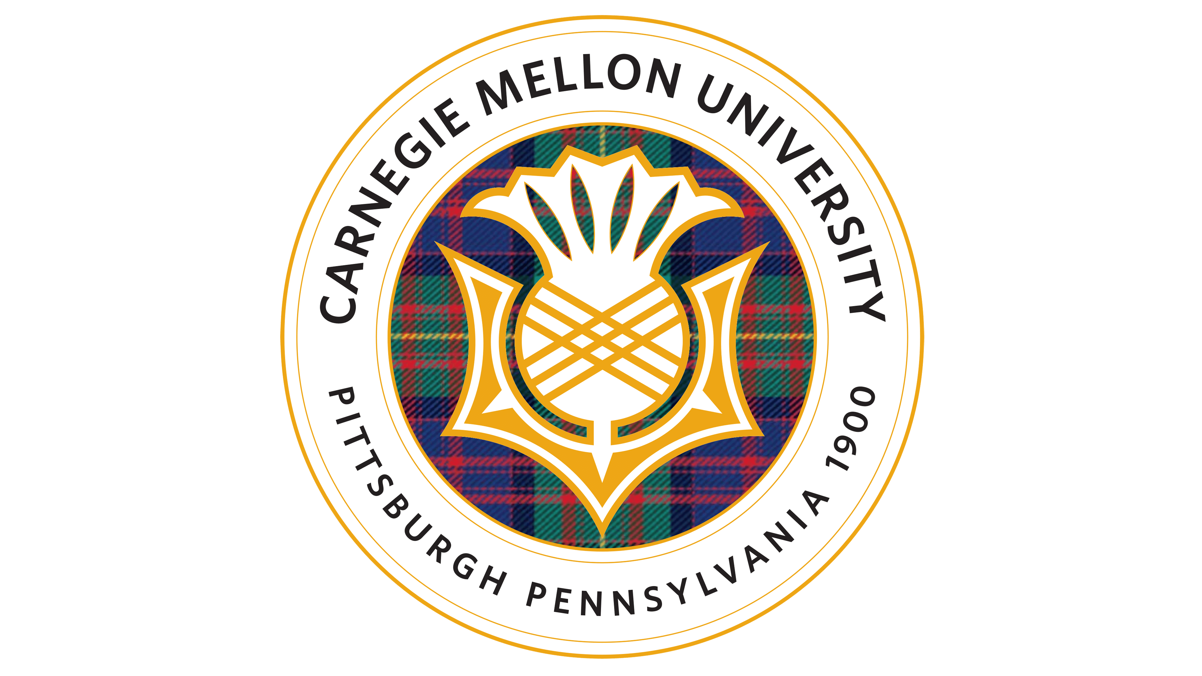 Carnegie Mellon University seal with a stylized crest over a tartan background and text around the edge.