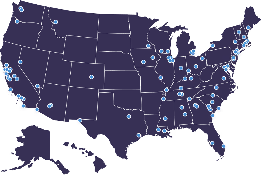 Map of the United States wtih various cities highlighted.