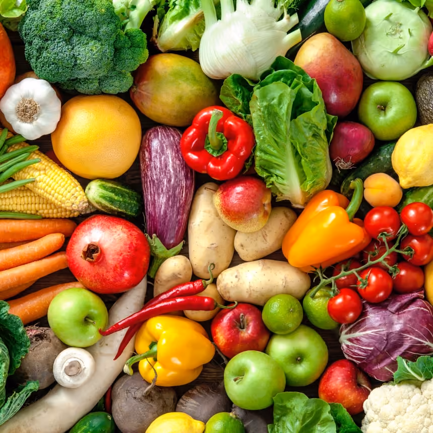 Image of a brightly colored array of fruits and vegetables from overhead.