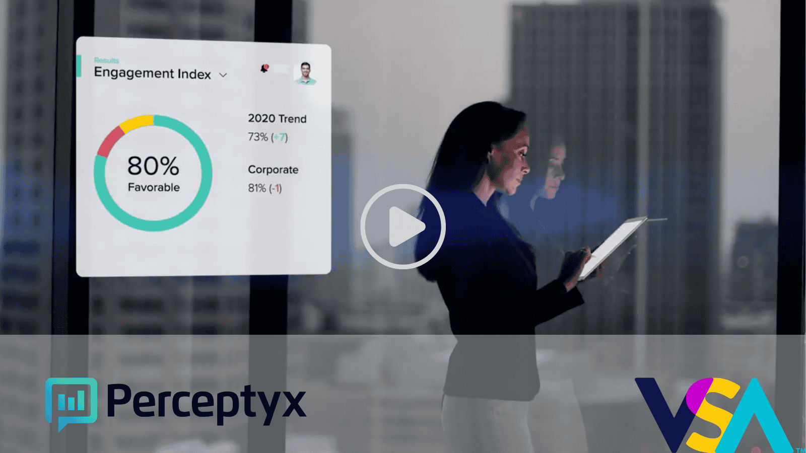 A woman standing in an office with NYC in the background, looking at analytics. 