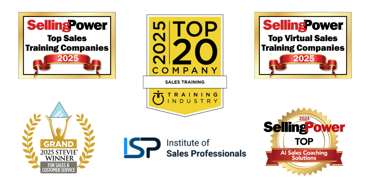 Logos for ValueSelling's B2B Sales Training Awards from Selling Power, Training Industry, The Stevie Awards and The Institute of Sales Professionals.