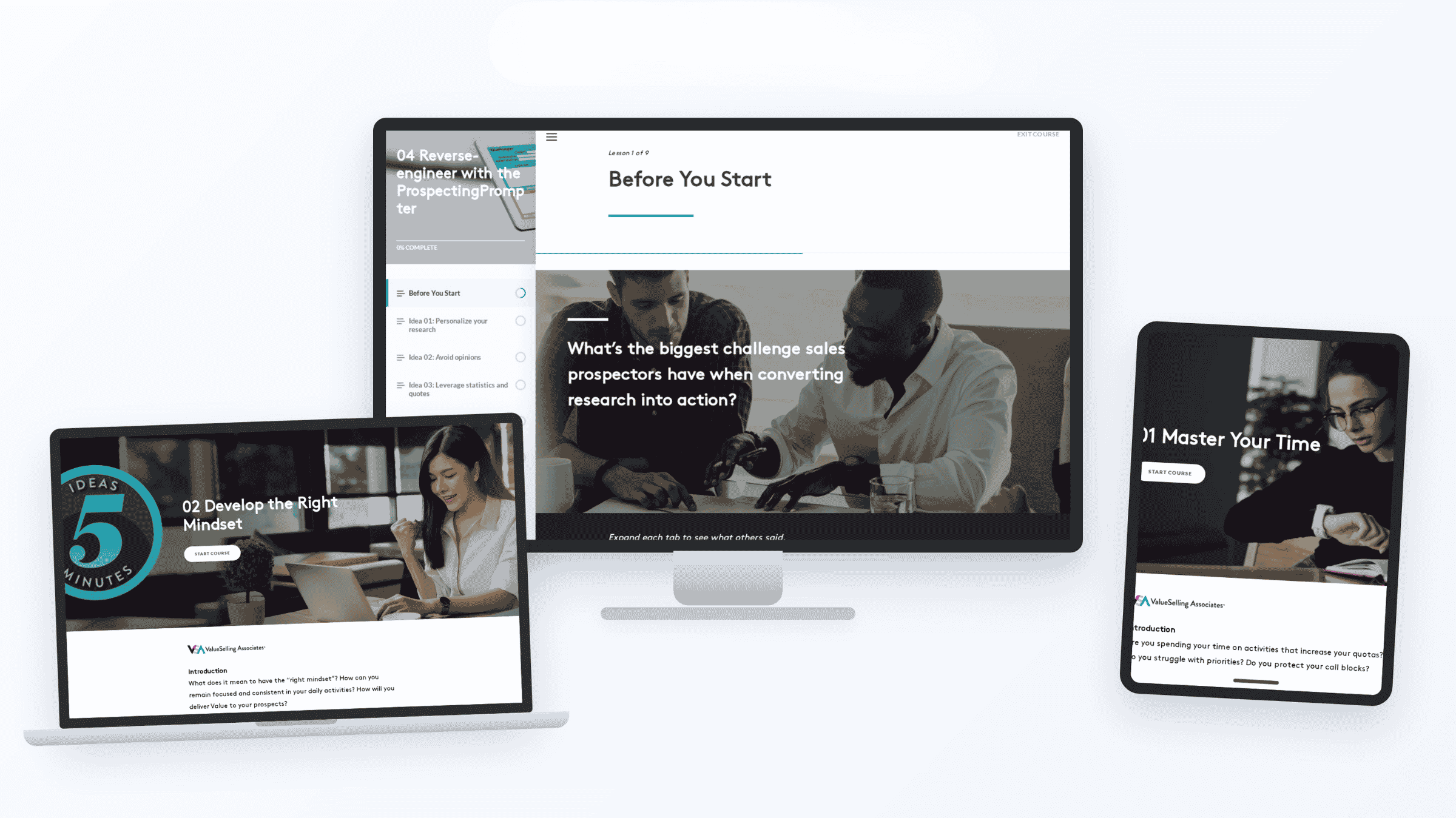 A collection of three screens, a monitor, a laptop and an iPad, all showing scenes of salespeople in training.