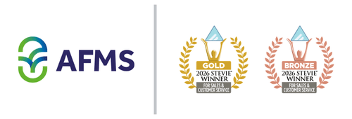 Abdulla Fouad For Medical Suppliers and Services (AFMS) logo with a Gold and a Bronze 2026 Stevie Award for Sales & Customer Service badge.