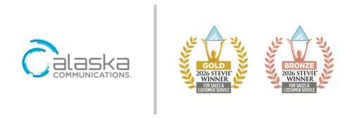 Alaska Communications logo with a Gold and a Bronze 2026 Stevie Award for Sales & Customer Service badge.