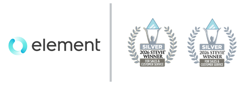 Element Fleet Management logo with two Silver 2026 Stevie Award for Sales & Customer Service badges.