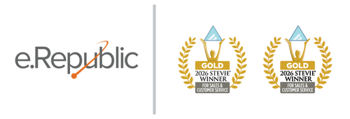 e.Republic logo with two Gold 2026 Stevie Award for Sales & Customer Service badges.