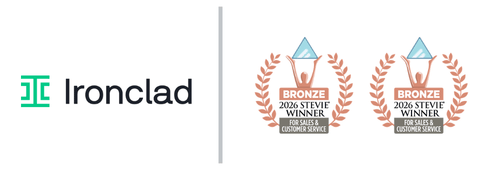 Ironclad logo with two Bronze 2026 Stevie Award for Sales & Customer Service badges.