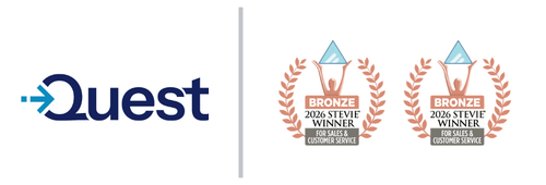 Quest Software logo with two Bronze 2026 Stevie Award for Sales & Customer Service badges.