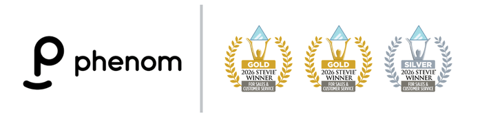 Phenom logo with two Gold and one Silver 2026 Stevie Award for Sales & Customer Service badges.
