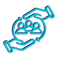 Two blue hands encircle three outlined figures representing people, connected by circular arrows symbolizing care and continuous support.