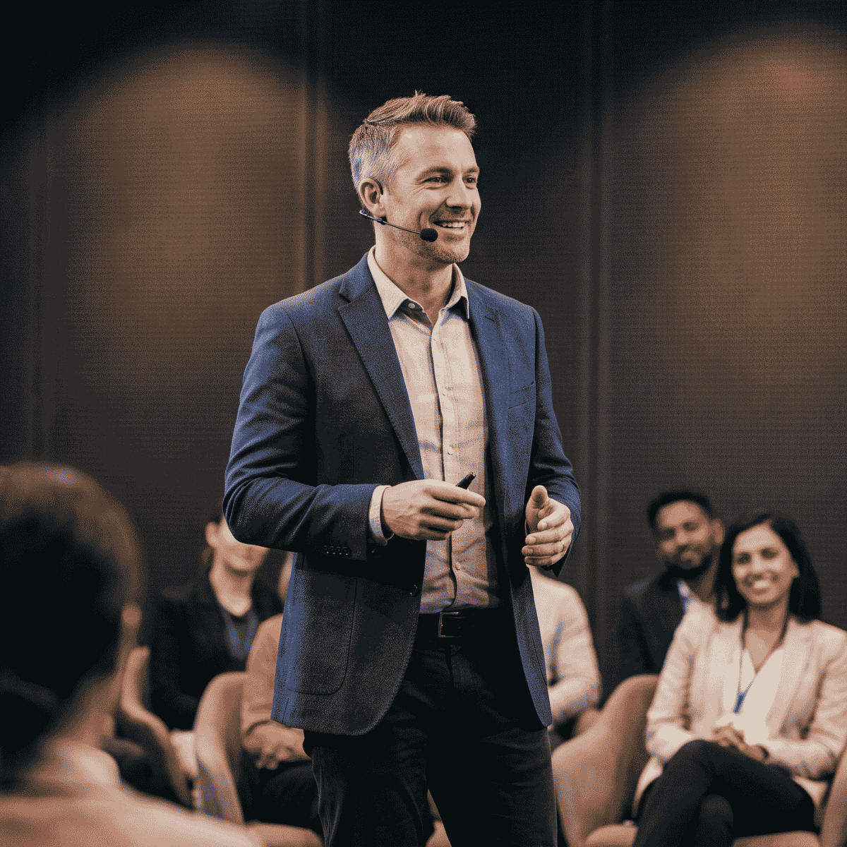 Smiling man in a dark suit jacket and light shirt speaking with a headset microphone in front of an audience seated in a conference setting.