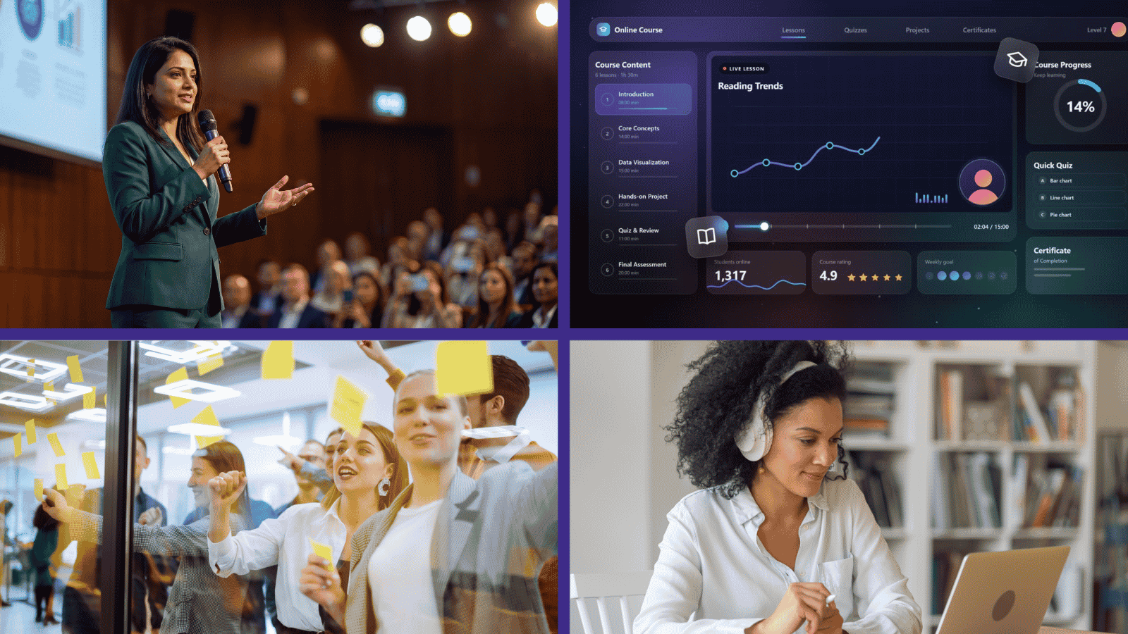 Collage of four images showing different learning settings: a woman in a green suit speaking with a microphone to an audience, an online course interface displaying reading trends and progress, a group of people brainstorming and placing yellow sticky notes on a glass wall, and a woman wearing headphones working on a laptop in a home office.
