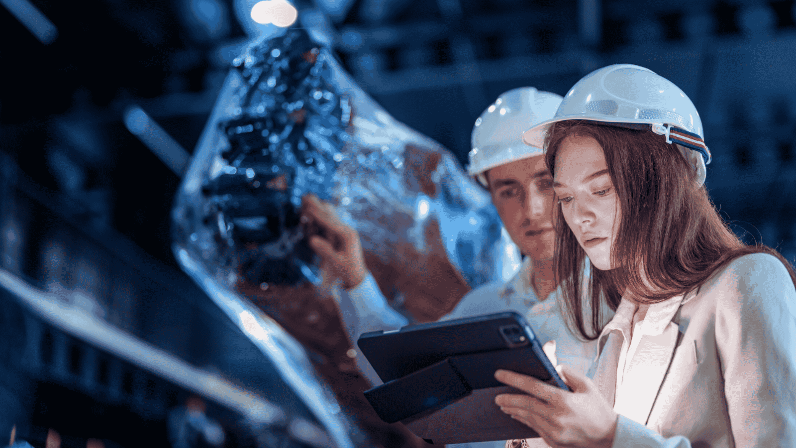 Manufacturing professionals using digital tools on-site, illustrating modern sales strategies in industrial environments.