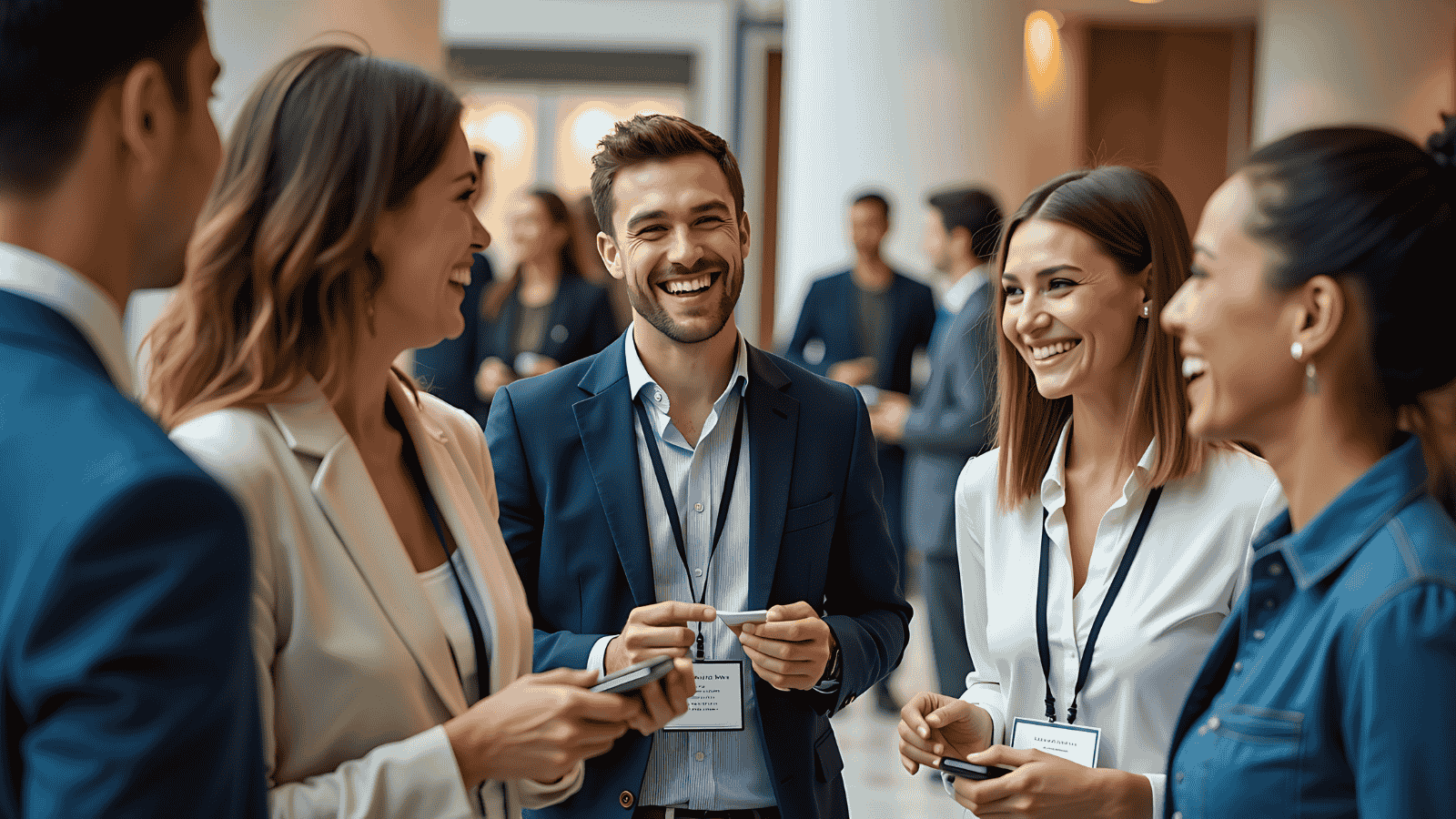 Business professionals networking at an event, representing relationship-driven strategies in B2B marketing for sustainable growth.