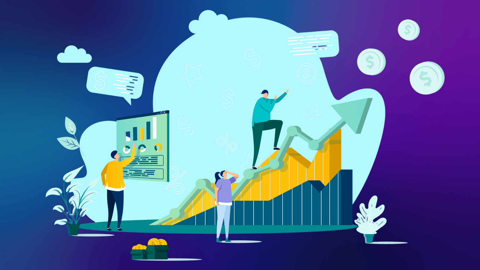 Illustration of sales professionals analyzing charts and climbing an upward graph representing sales forecasting and pipeline predictability.