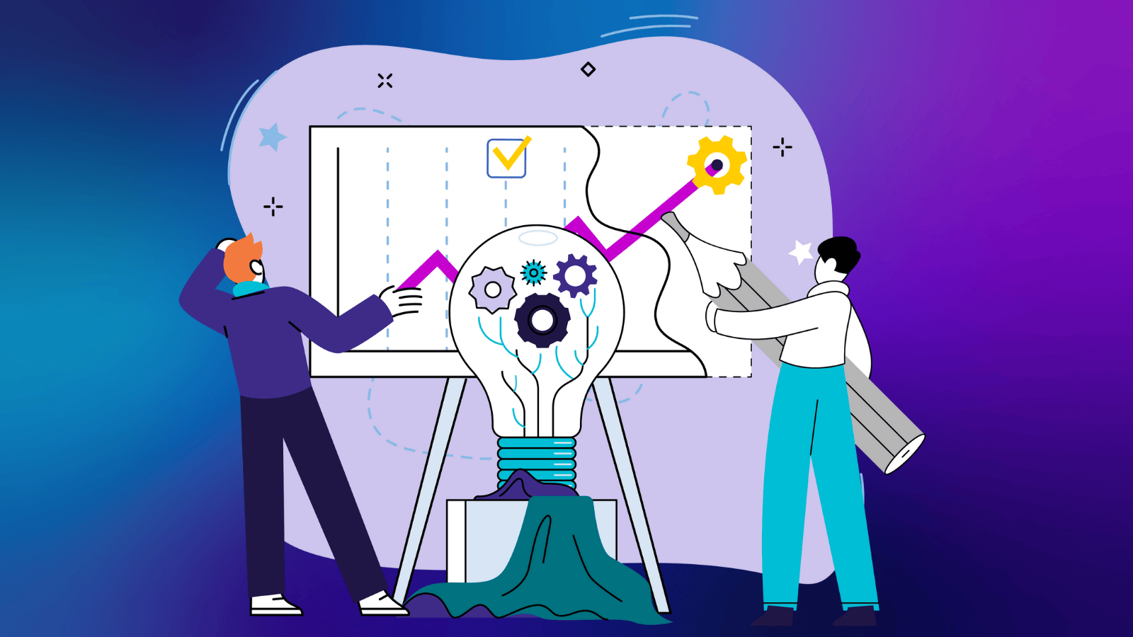 A man and a woman looking at a giant metrics dashboard on a purple and navy background.
